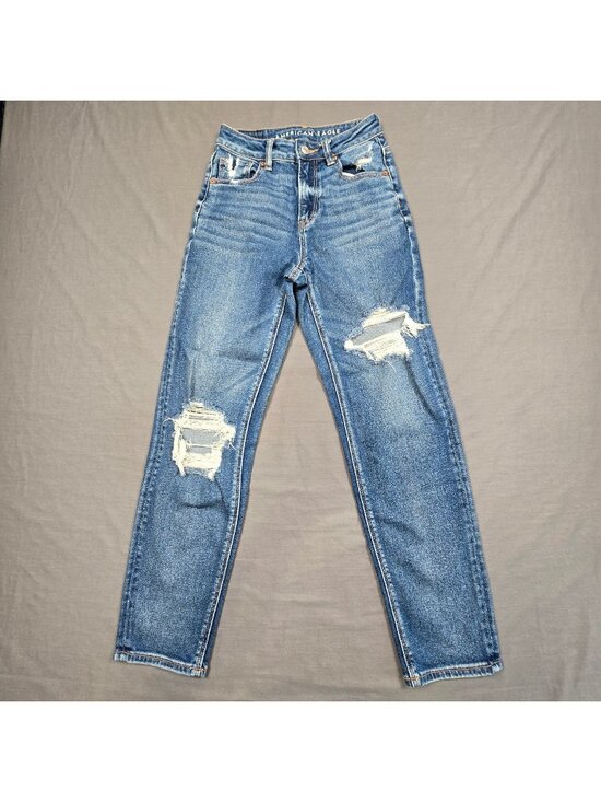 American Eagle Denim - American Eagle Womens 00 Mom Straight Jeans Medium Wash Distressed Denim Blue